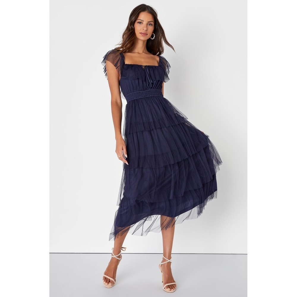 Lulus Tier I Come Navy Blue Tulle Square Neck Tiered Midi Dress XS NWT